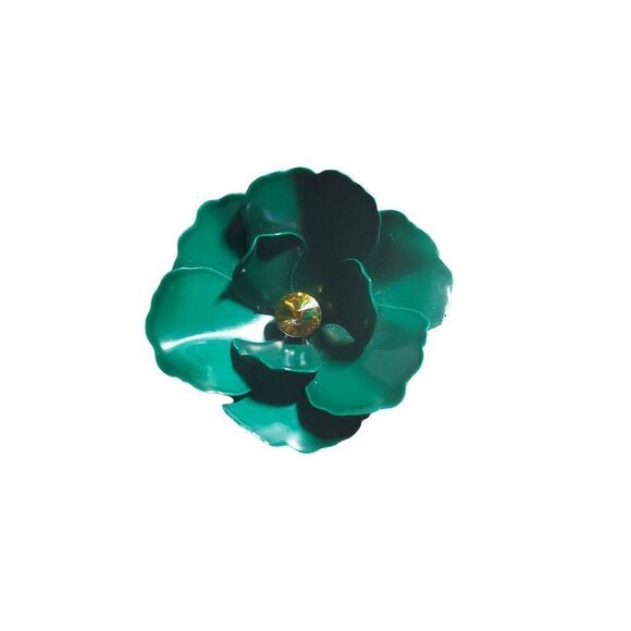 Vintage Enamel Flower Brooch Rhinestone Green - Picture 1 of 2